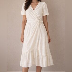 London Times Cream Eyelet Tie Midi Dress